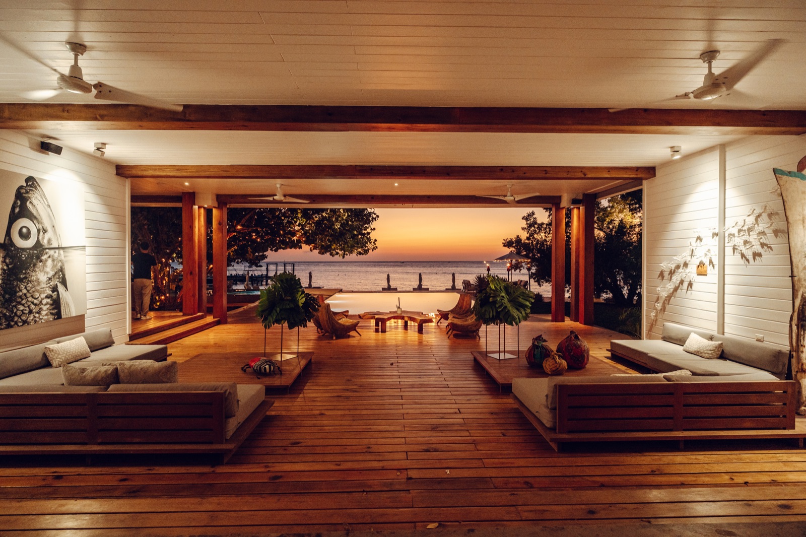 The lounge at golden hour, open to the bay