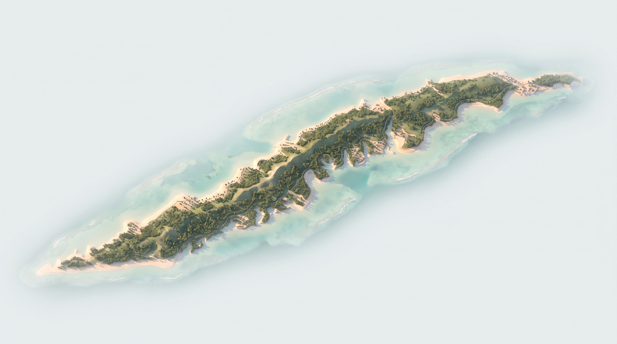 Illustrated aerial view of Roatan, ringed by the Mesoamerican Barrier Reef